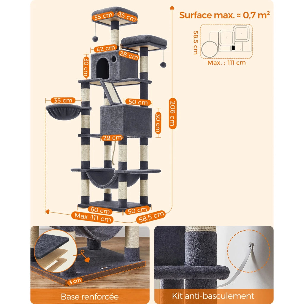 Grande albero per gatti con torre da gioco 206 cm grigio chiaro 12_0005987