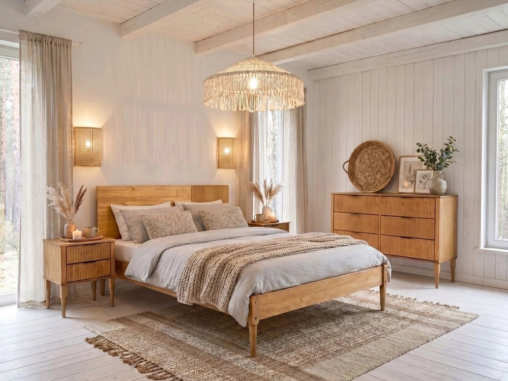 Set da camera da letto in legno di pino con letto matrimoniale 2 comodini e cassettiera a 6 cassetti 140 x 200 cm marrone chiaro stile scandinavo