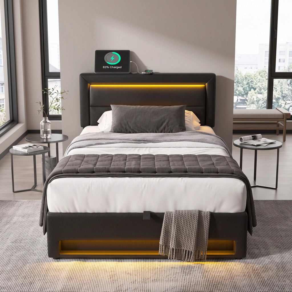 Letto imbottito 90 x 190 cm in PU nero; con LED; USB e contenitore
