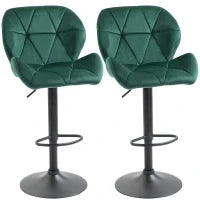 Set 2 Sgabelli da Bar, Altezza Regolabile con Base in Metallo e Seduta in Velluto, Sgabelli Moderni con Schienale e Poggiapiedi, 46x48x83-104cm, Verde