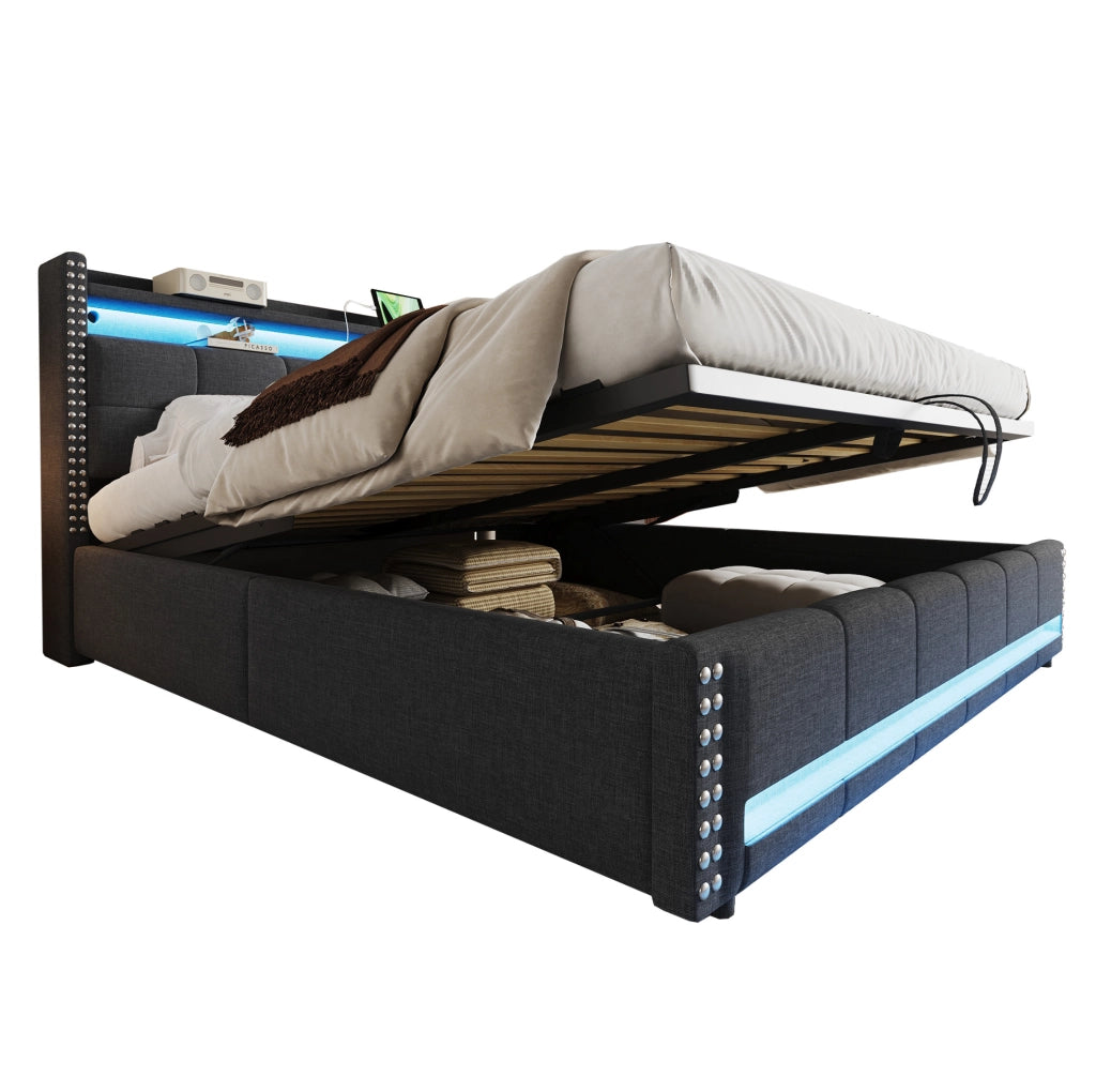 Letto matrimoniale imbottito 180x200 cm con LED, USB e contenitore