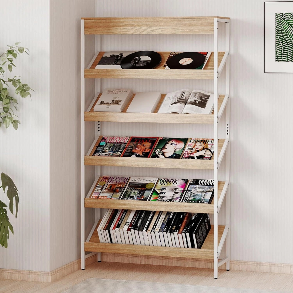 Libreria a 6 livelli con ripiani inclinati e protezione antiribaltamento, 90 x 30 x 161 cm, scaffale per soggiorno, ufficio, studio (natura)