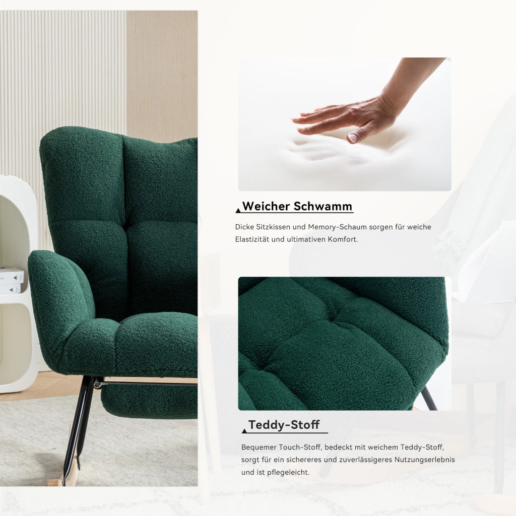 OKWISH Sedia a Dondolo con Poggiapiedi Pieghevole, Schienale Alto Ergonomico e Braccioli Imbottiti, Teddy Verde