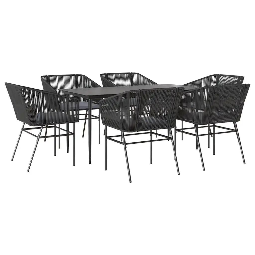 Set Pranzo da Giardino 7 pz Nero con Cuscini Polyrattan Vetro