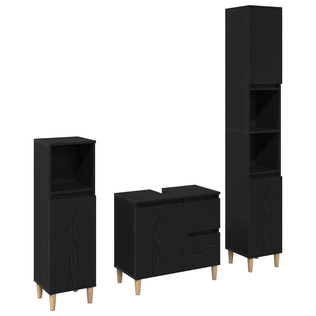 Set di armadietti per il bagno 3 Pezzi Rovere Nero Legno Ing.