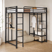 Letto a soppalco 90x200 cm in metallo nero con scrivania, scaffali e armadio laterale