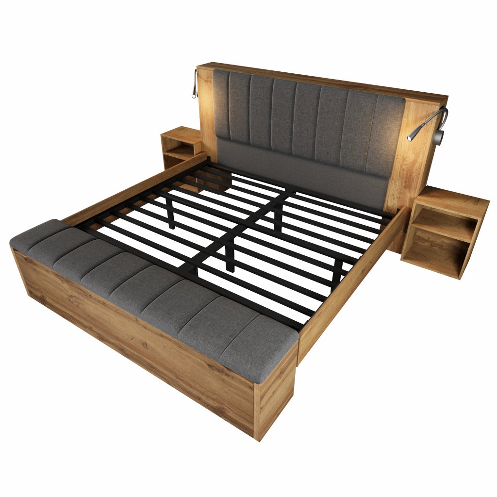 Letto matrimoniale 160x200 cm in legno effetto rovere con testiera reclinabile, luci LED con USB, comodini e panca contenitore
