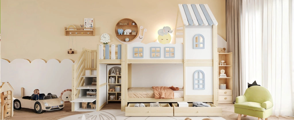 Letto a castello per bambini con sponde a nuvola e scala, 90x200 cm, bianco