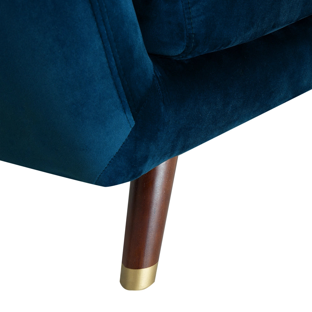 Divano in velluto blu navy a 3 posti con schienale capitonnè imbottito con gambe in legno