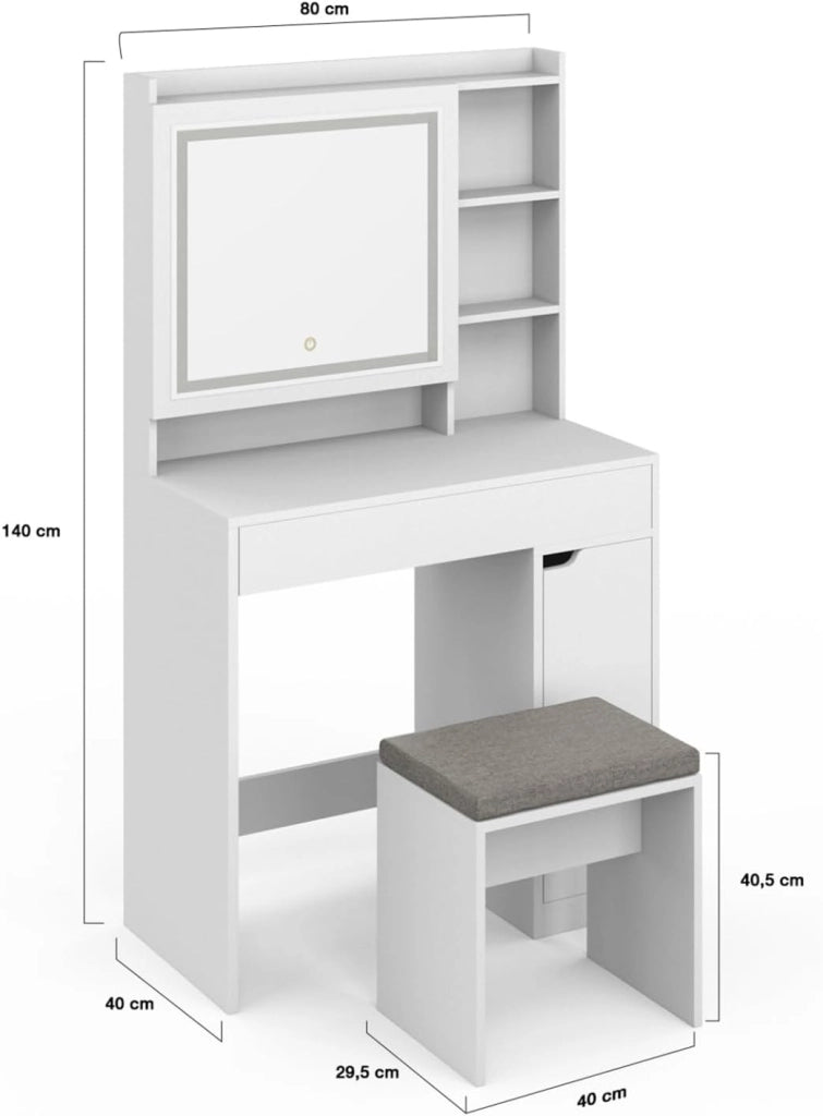 ZELIA tocador blanco con espejo LED, almacenamiento, 1 cajón, 1 unidad de almacenamiento y taburete tapizado