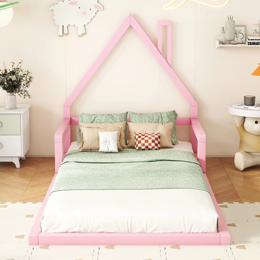 Letto a forma di casa per bambini rosa in legno massello di pino 90x200 cm