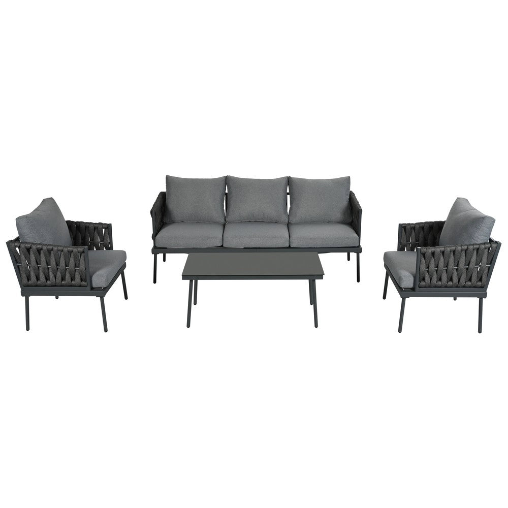 Set da giardino con cuscini - Zephmum- Divano 3 posti, 2 poltrone, tavolino in vetro, acciaio zincato grigio