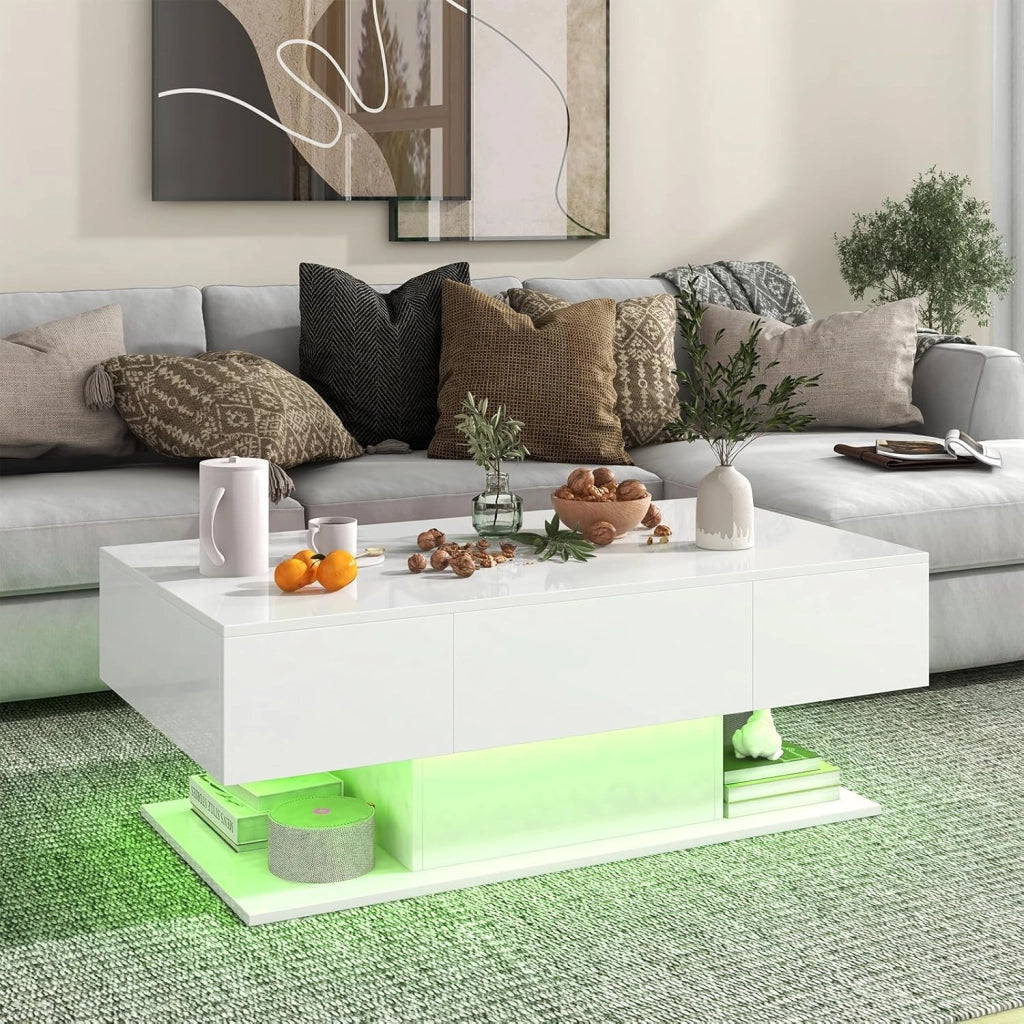 Tavolino da Caffè Moderno, Tavolino a 2 Piani con 20 Luci LED a Colori, 2 Cassetti Portaoggetti e Finitura Lucida, Tavolino Rettangolare per Salotto, Studio e Camera da Letto (Bianco)