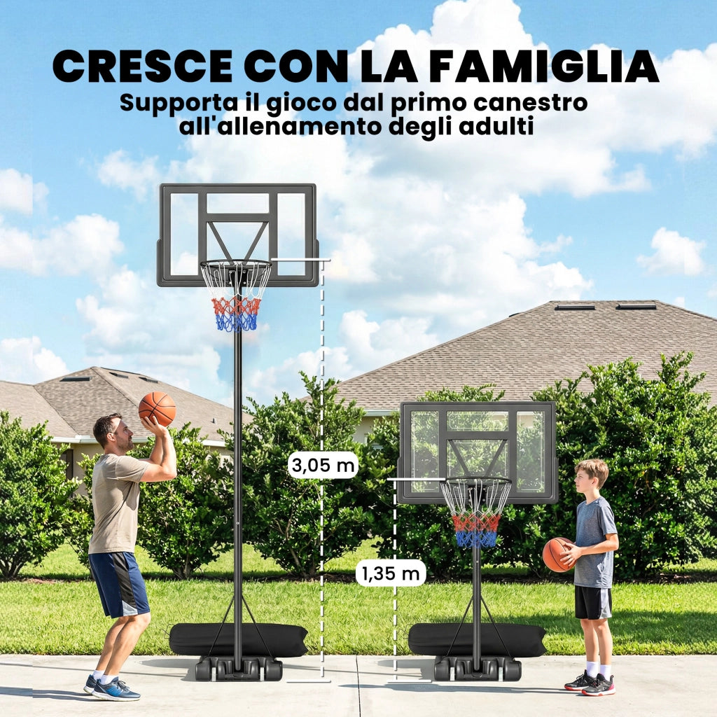 Canestro Basket con Altezza Regolabile 1,3-3 m, Base Riempibile e Ruote, Nero