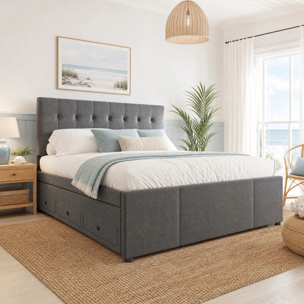 DESMIU Letto con cassetti 140 × 200 cm 2 posti con 3 cassetti e letto estraibile, testiera regolabile, senza materasso, grigio