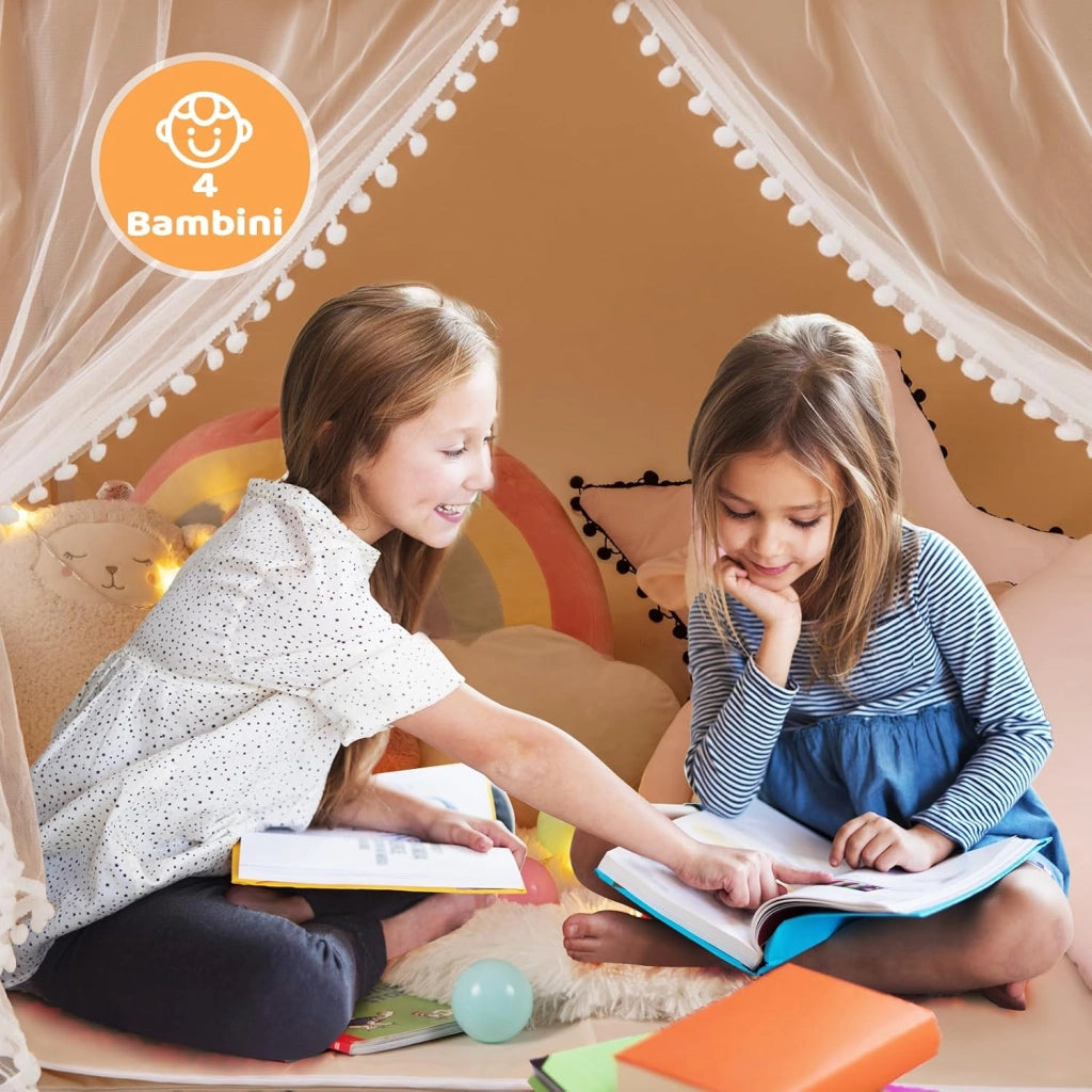 Tenda da Gioco per Bambini, Tenda Castello con Tappetino Lavabile, Luci a Forma di Stella, per Interno ed Esterno, 105 x 121 x 136 cm (Stile 2 Beige)