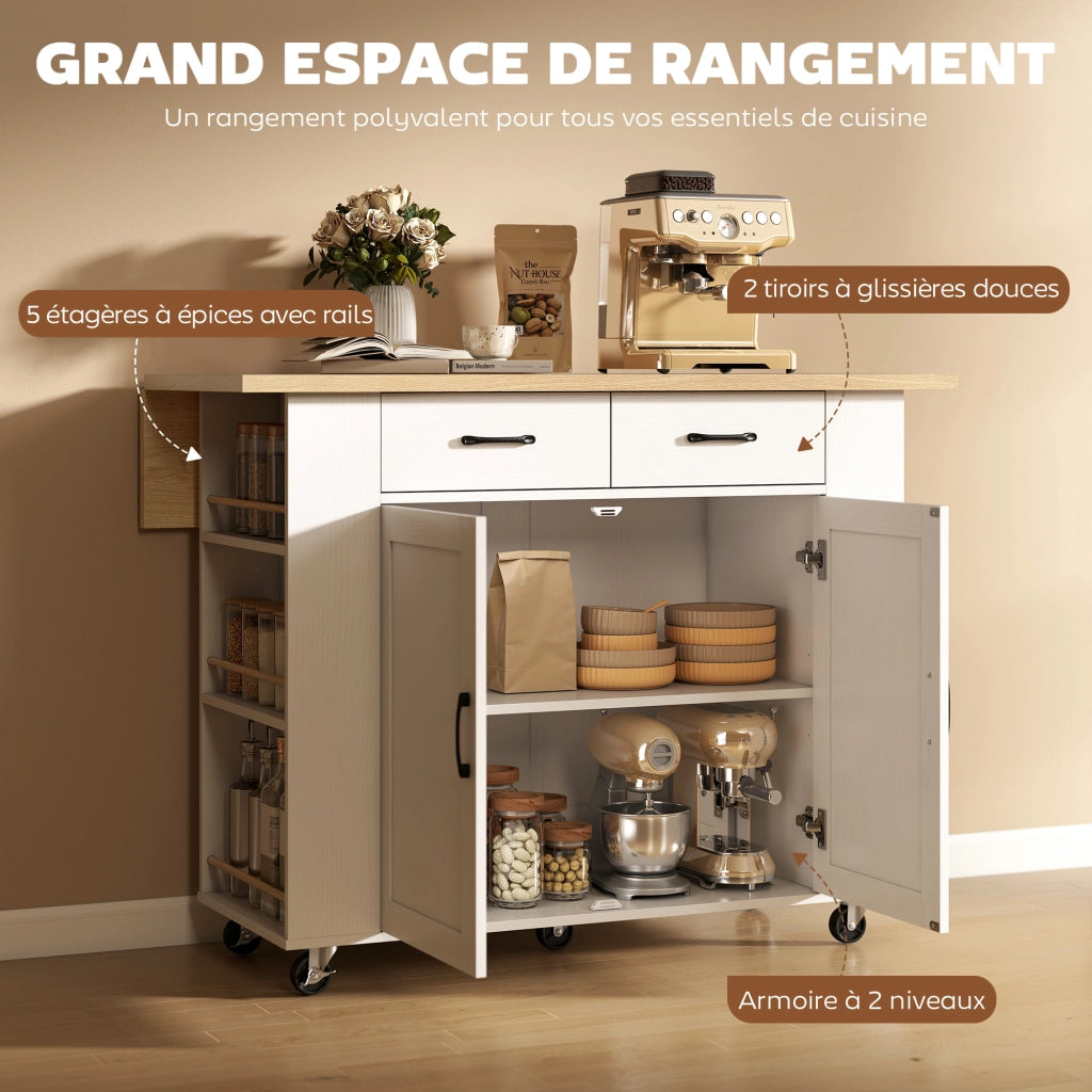 Carrello Cucina con Tavolo Pieghevole ¨C Zephmum ¨C Bianco 2 Cassetti