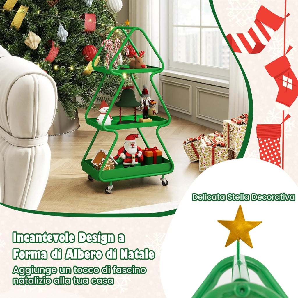 Carrello Natalizio Girevole a 3 Livelli, Carrello Porta Albero di Natale con Stella in Alto, Struttura Metallica con Ruote, per Soggiorno e Camera da Letto