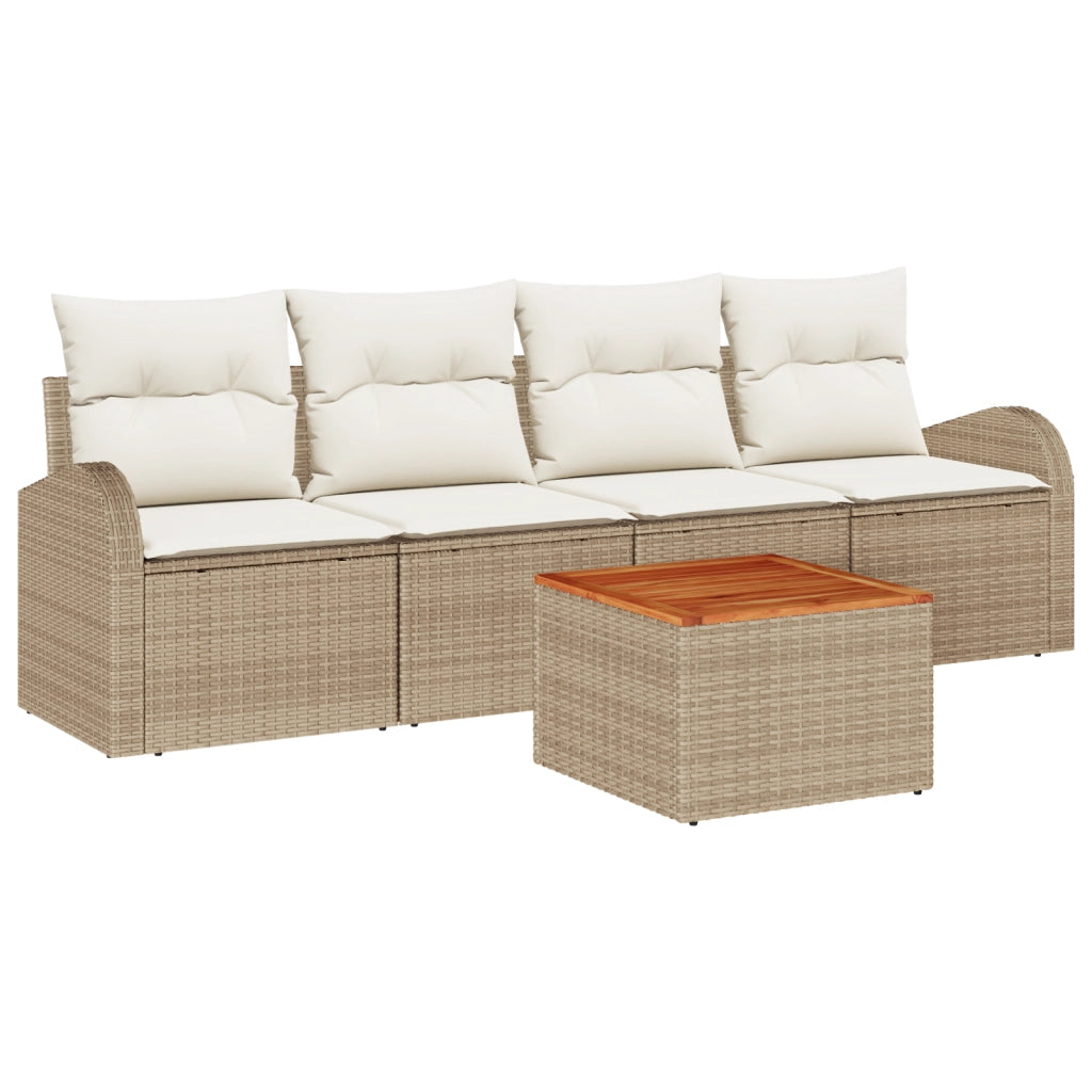 Set di Divani da Giardino da 5 Pezzi con Cuscini Beige in Rattan Polietilene e Acacia