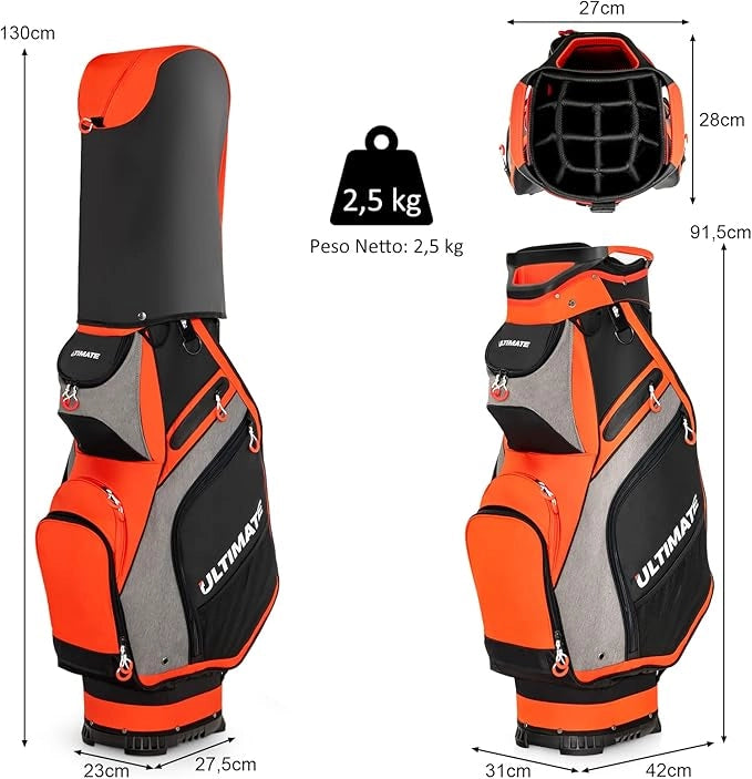 Borsa da Golf Portatile con 14 Divisori Superiori a Tutta Lunghezza, 7 Tasche con Cerniera, Cappuccio Antipioggia, Tracolla, Manico e Portaombrelli, Ideale per Uomini e Donne (Rosso e Grigio)