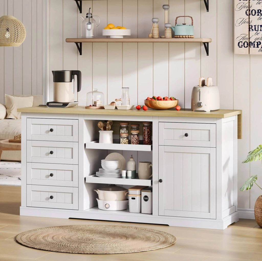 Isola cucina freestanding 150x65x75;5 cm bianco naturale con 5 cassetti e prese