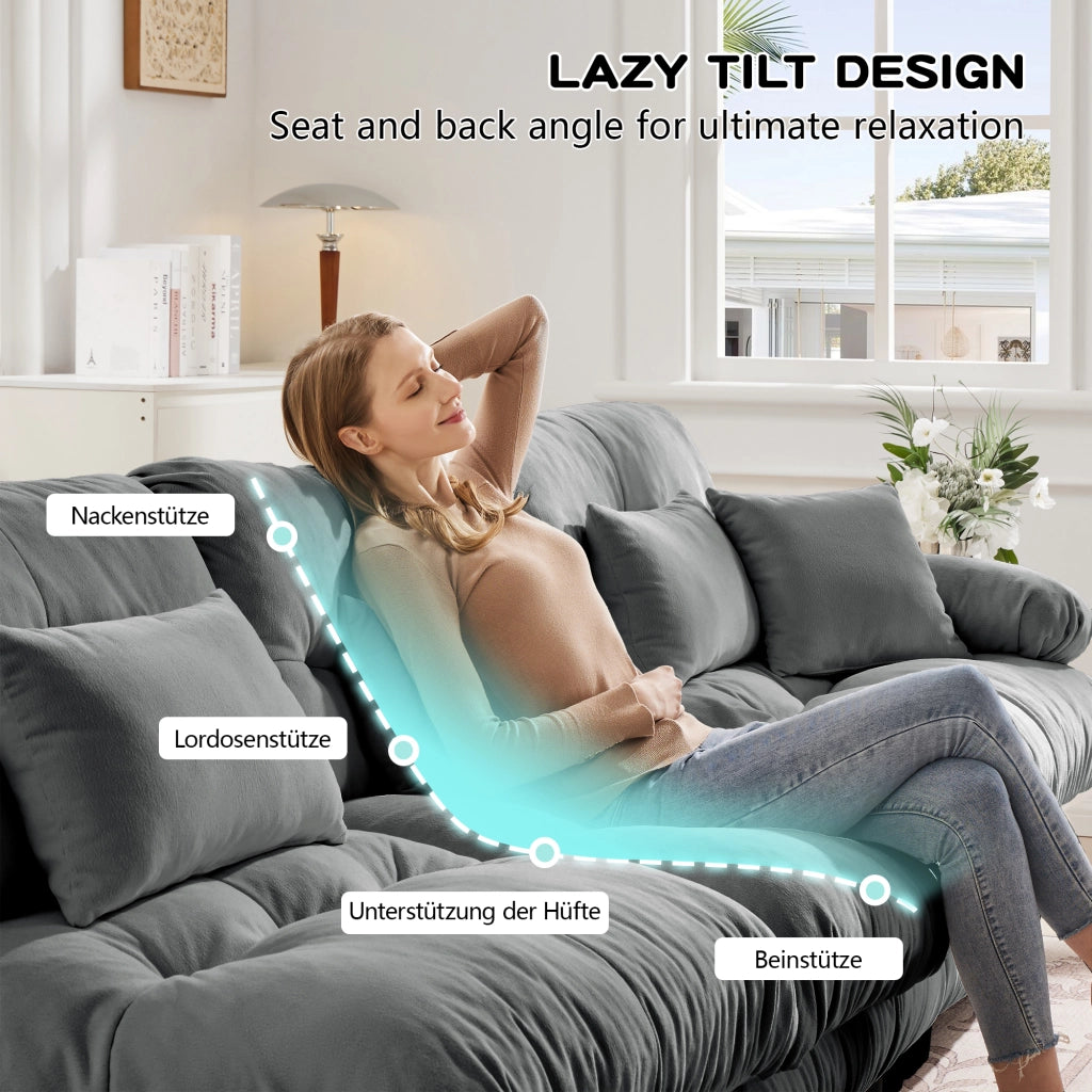 Divano angolare modulare in chenille con cuscini lombari e decorativi schienale ergonomico per soggiorno grigio
