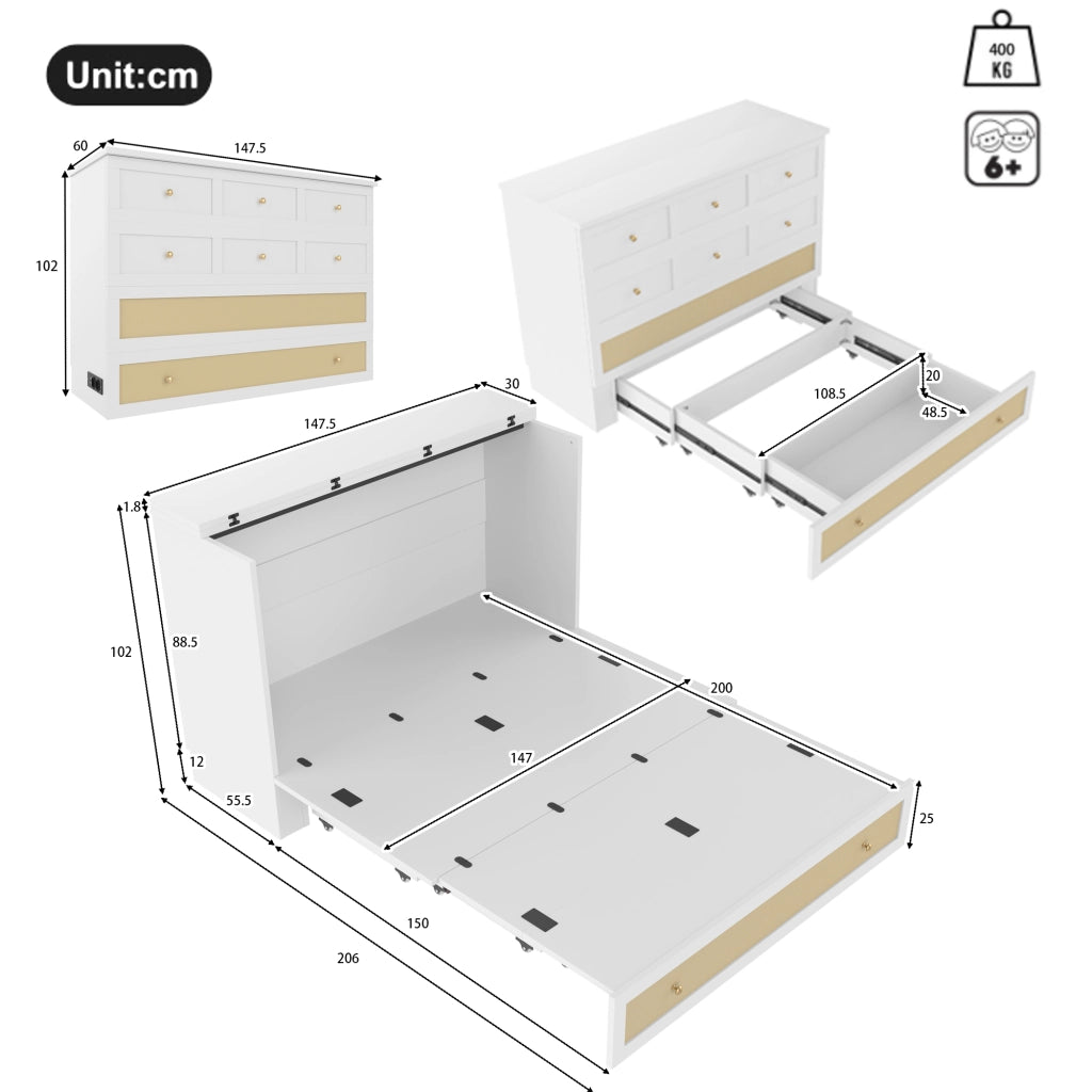 DESMIU Letto a scomparsa 2 posti con cassetto, USB e presa, 140 × 200 cm, senza materasso, in MDF, bianco