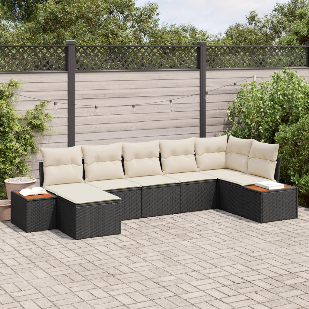 Set Divano da Giardino di 7 Pezzi con Cuscini Nero Polyrattan Acacia