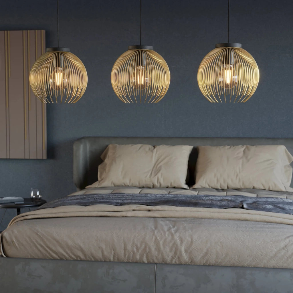 Lampadario Industrial-Nordico Acciaio Nero E Oro 3 Luci E27