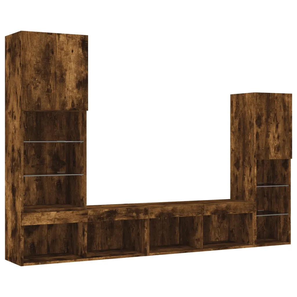 Mobili TV a Muro con LED 4pz Rovere Fumo in Legno Multistrato