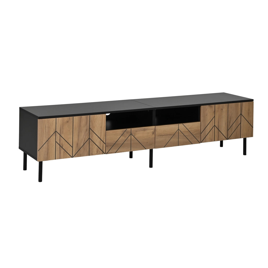 Mobile TV moderno 180x40x45 cm con 2 cassetti e 2 ante, in pannello truciolare, nero e effetto legno, portata fino a 75 kg