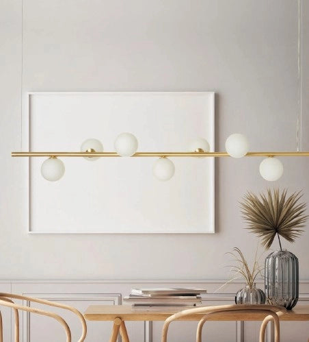 POMI' LAMPADARIO A SOSPENSIONE LINEARE ORO SPAZZOLATO VETRI BIANCO ATTACCO G9 L.124CM