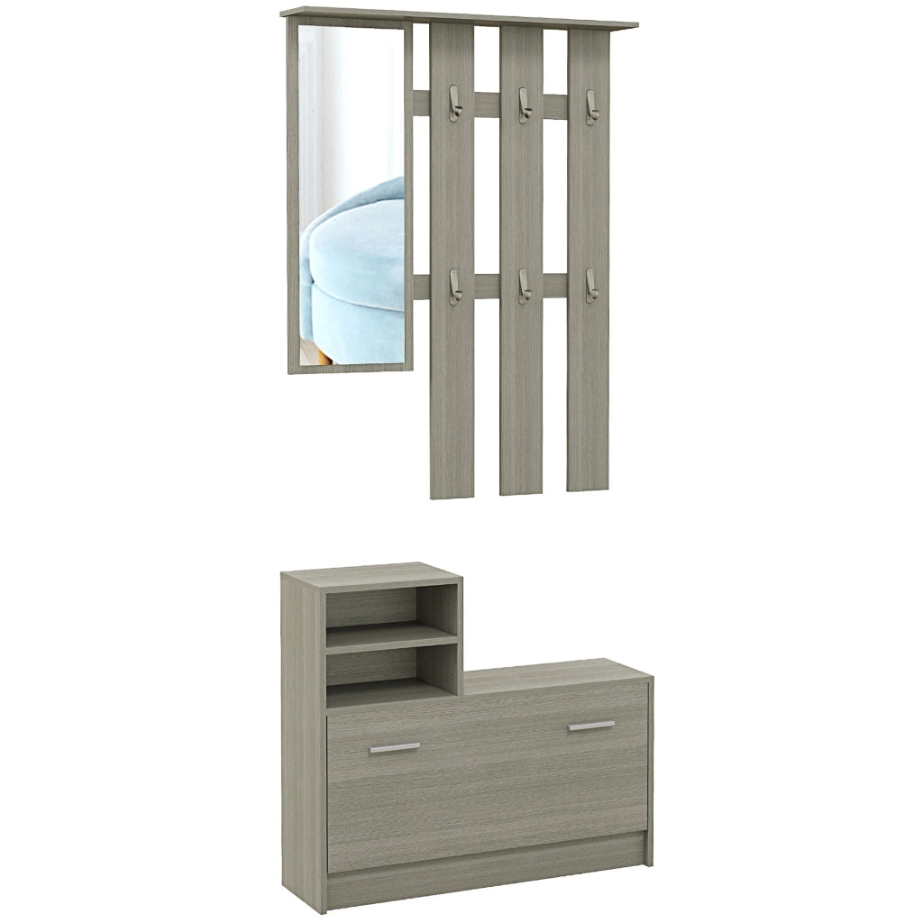 Set Mobili da Ingresso con Appendiabiti, Specchio, Panca con Scaffale e Scarpiera per 8 Paia di Scarpe, Grigio