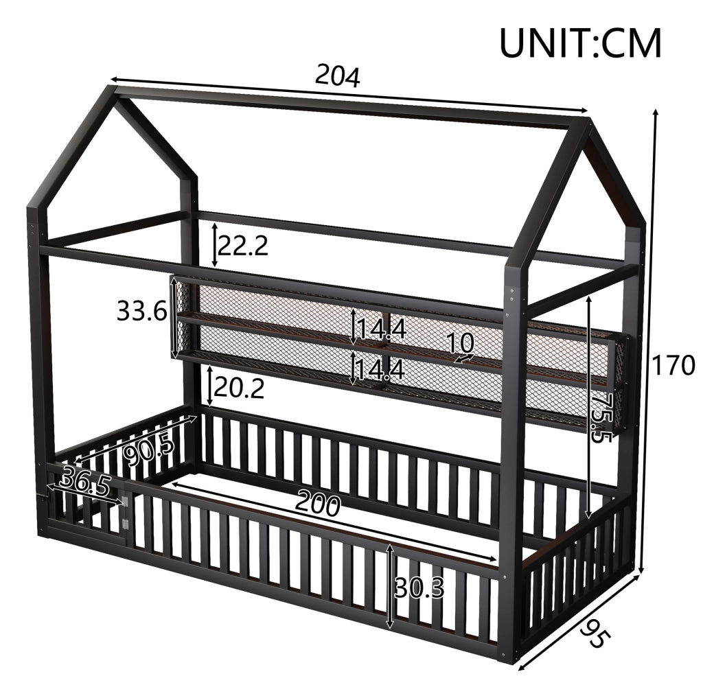 Letto singolo a casetta 90x200 cm con barriera di sicurezza e LED 7 colori in metallo nero