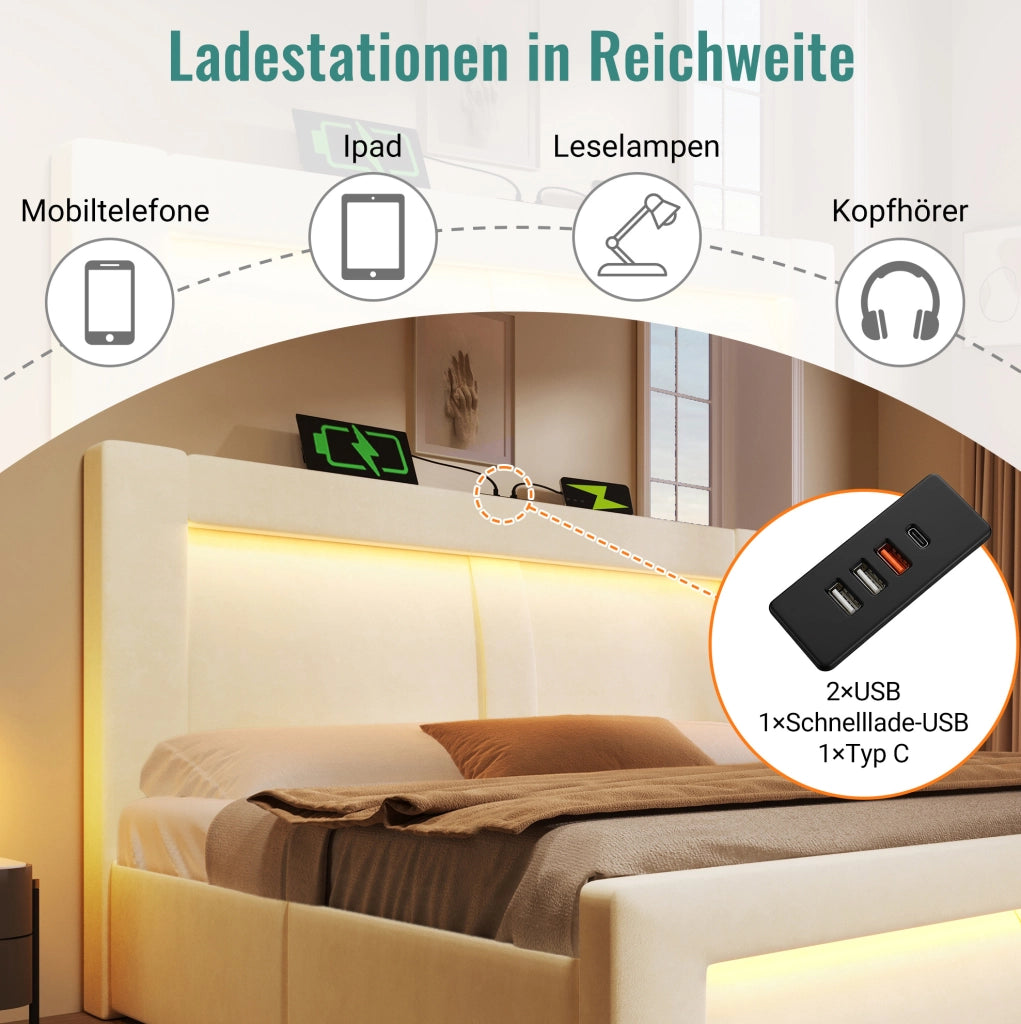 Letto singolo 90x200 con contenitore LED USB-C e materasso beige