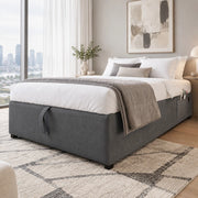 Letto contenitore singolo ULEVR 90x190 cm con sollevamento idraulico, USB e Type-C, rivestimento grigio