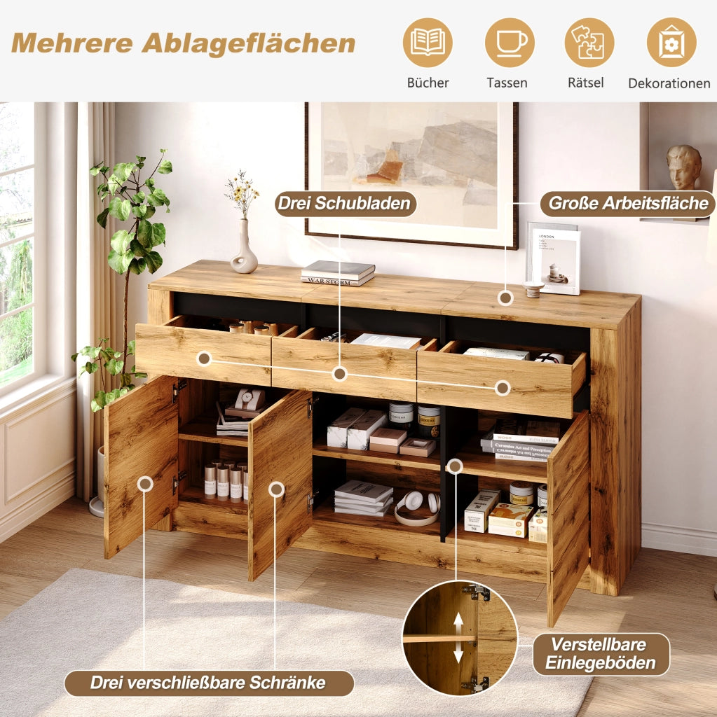Credenza moderna in effetto legno ondulato con 3 cassetti
