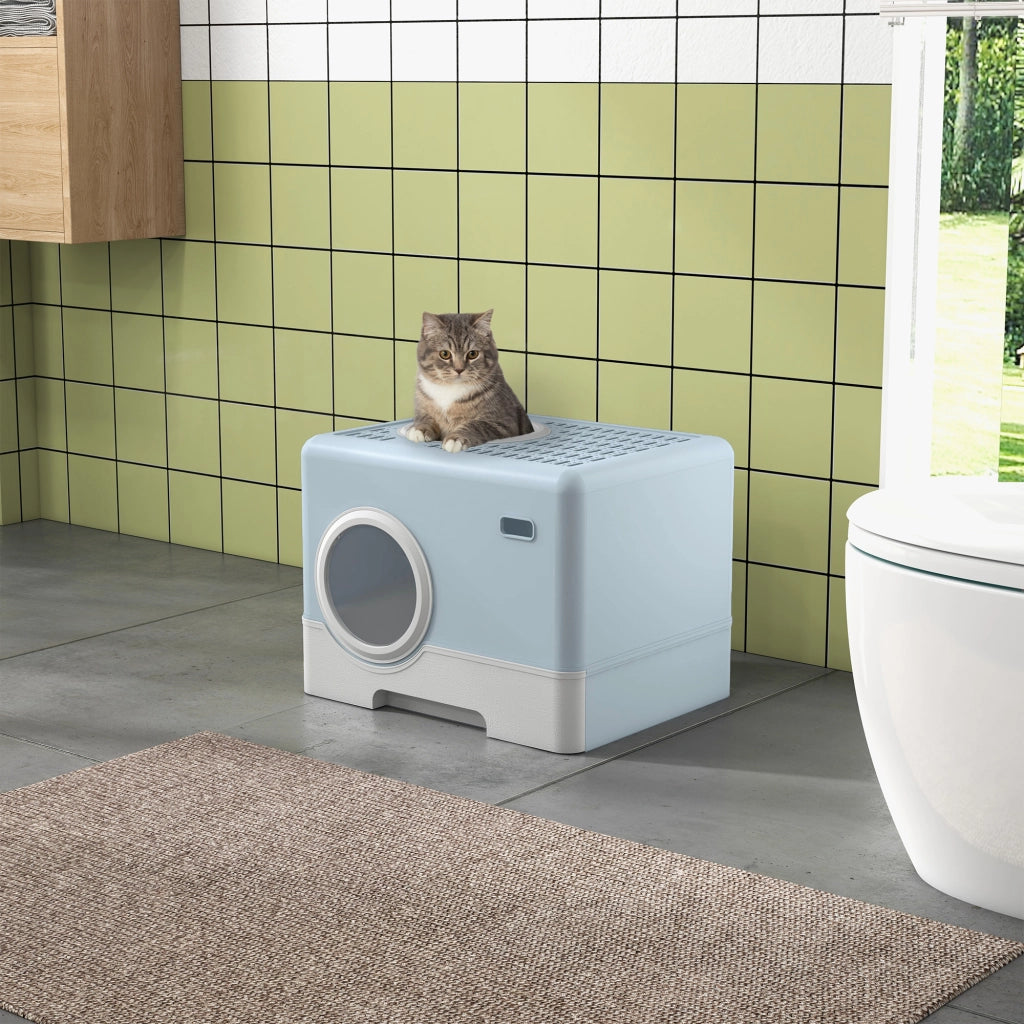 Arenero per Gatti Coperto con Vassoio Estraibile ¨C Zephmum ¨C Blu 52x41x38,5 cm
