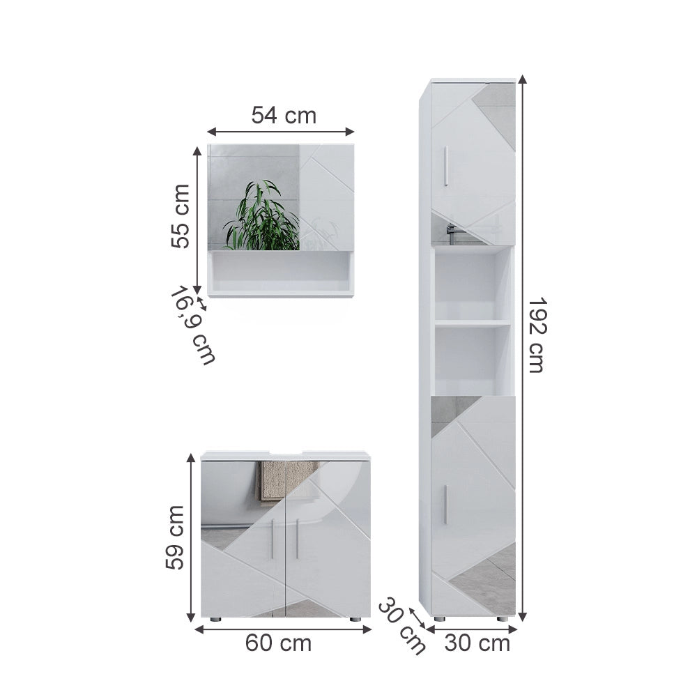 Vicco Set mobili bagno Bianco lucido con inserti 3 parti, con cassettiera e colonna