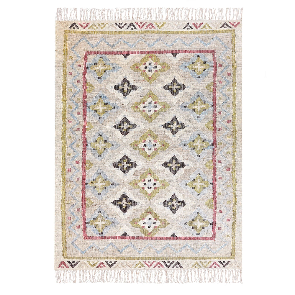Tappeto in iuta beige multicolore 140 x 200 cm fatto a mano con nappe soggiorno camera da letto