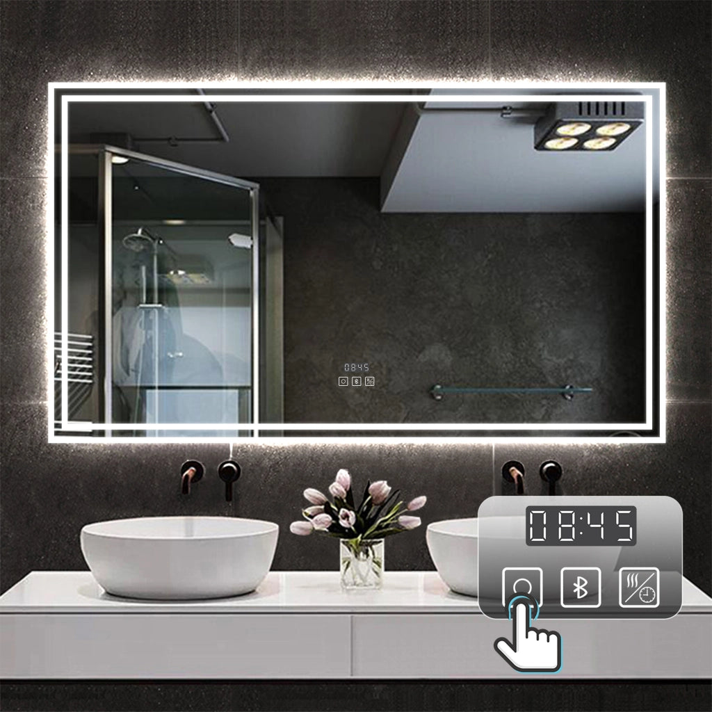 Specchio da bagno Aica LED 140 x 80 cm + Orologio + Bluetooth + luminosità regolabile tricolore