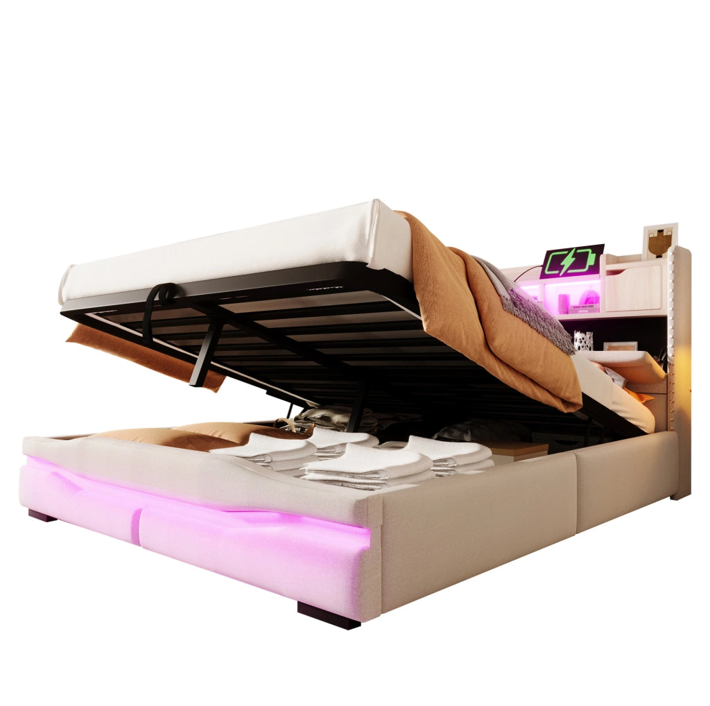 Letto imbottito 160x200 cm con contenitore idraulico; LED e porte USB; beige