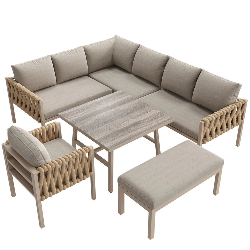 Set Divano Angolare da Giardino ¨C Xylo ¨C Cuscini Inclusi, Piano in Vetro Temperato, Beige