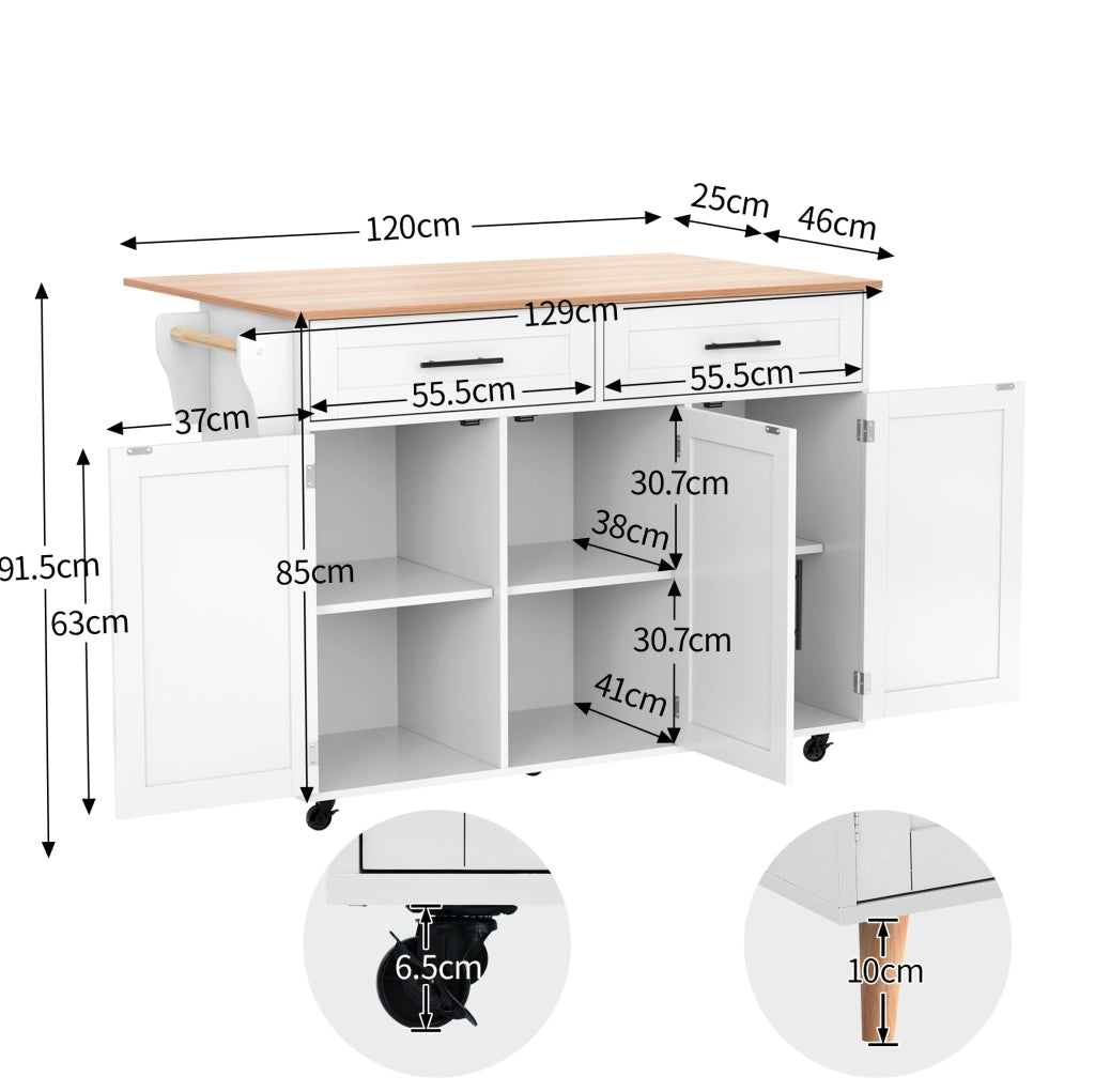 Carrello cucina con piano pieghevole 129x71x91;5 cm in MDF bianco e naturale