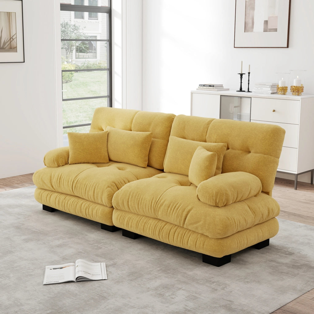 Divano angolare modulare in ciniglia con cuscini lombari e decorativi, schienale ergonomico giallo 220 × 77 × 81 cm