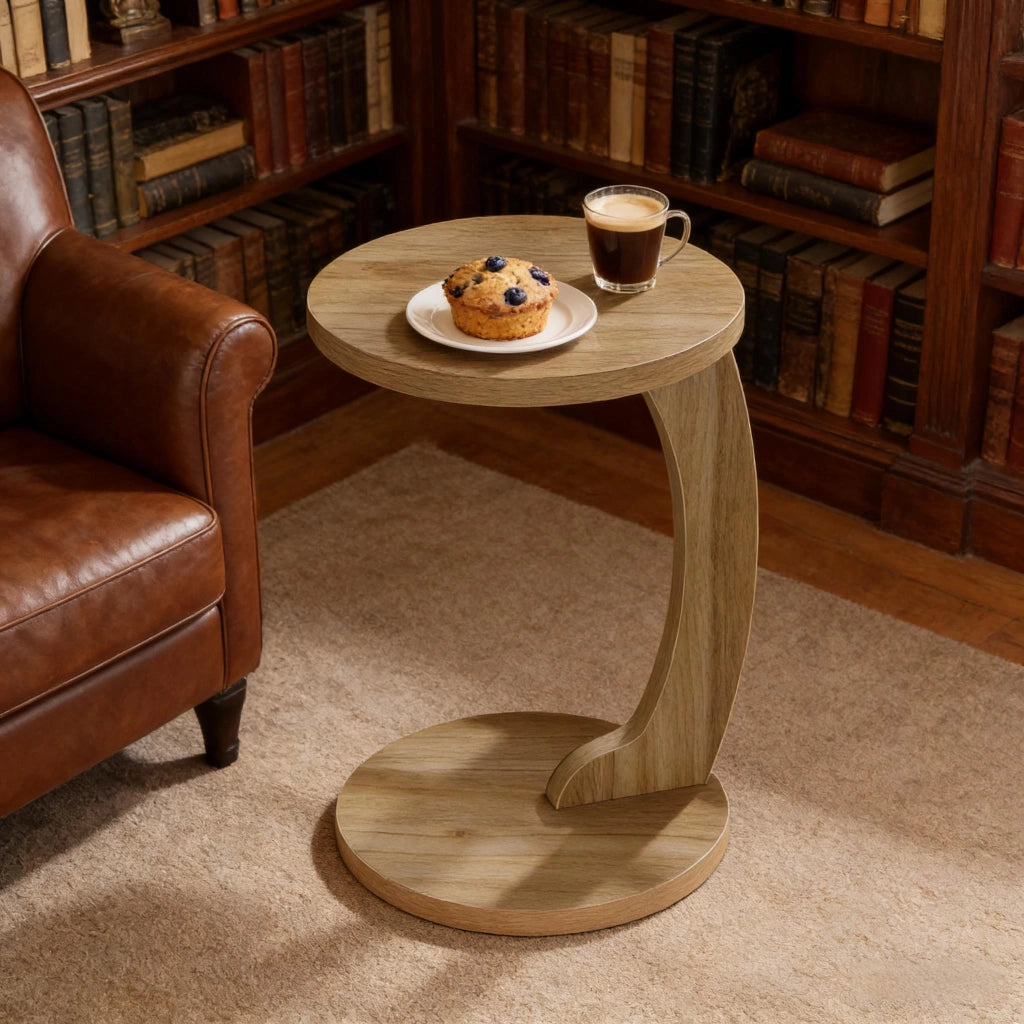 Tavolino basso rotondo a C in MDF con piano salvaspazio per soggiorno e camera da letto, rovere chiaro, 38 × 55 cm