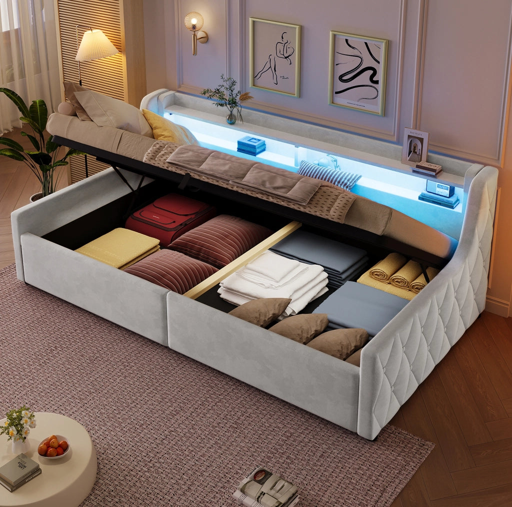 Letto singolo imbottito 90x200 con vano contenitore e testiera LED
