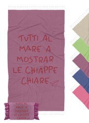 Telo Mare Con Frange Asciugamano Da Spiaggia Misura Grande 90x180 Cm Con Pochette Astuccio Assorbente In Morbido Cotone Leggero Stampa Tutti Al Mare AntiSabbia Lettino Vacanze Piscina Lilla