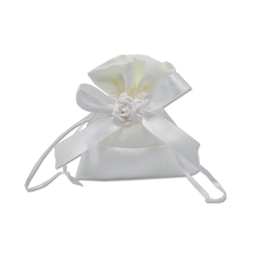 Trade Shop - 12 Sacchetti Stoffa Porta Confetti Rosa Bianca Matrimonio Battesimo Bomboniera - Bianco