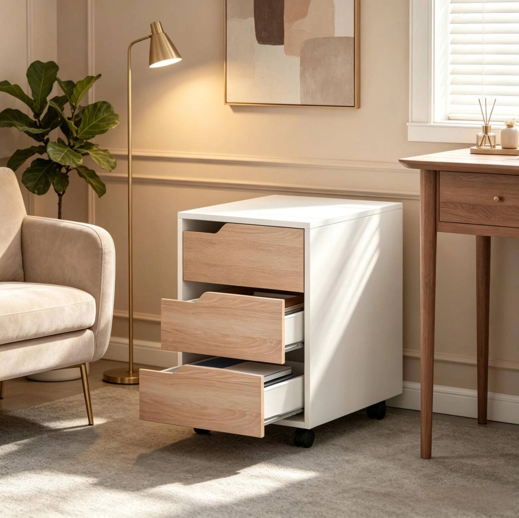Cassettiera da ufficio mobile a 3 cassetti 40x50x57;5 cm in MDF bianco e rovere